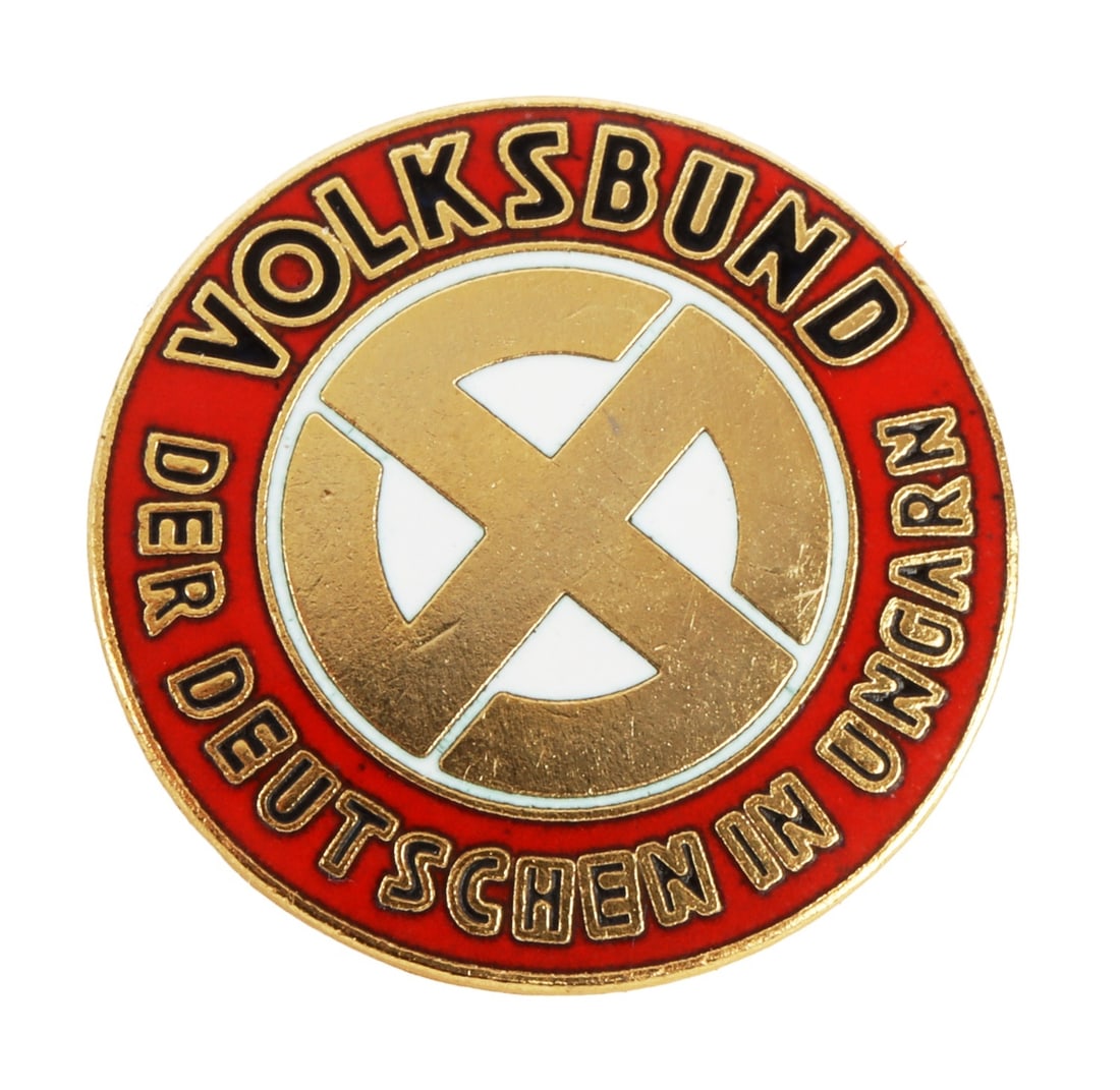 WWII GERMAN THIRD VOLKSBUND BADGE: An NSDAP swastika badge for the Volksbund. No Maker's mark. Approximately .8 inch diameter.