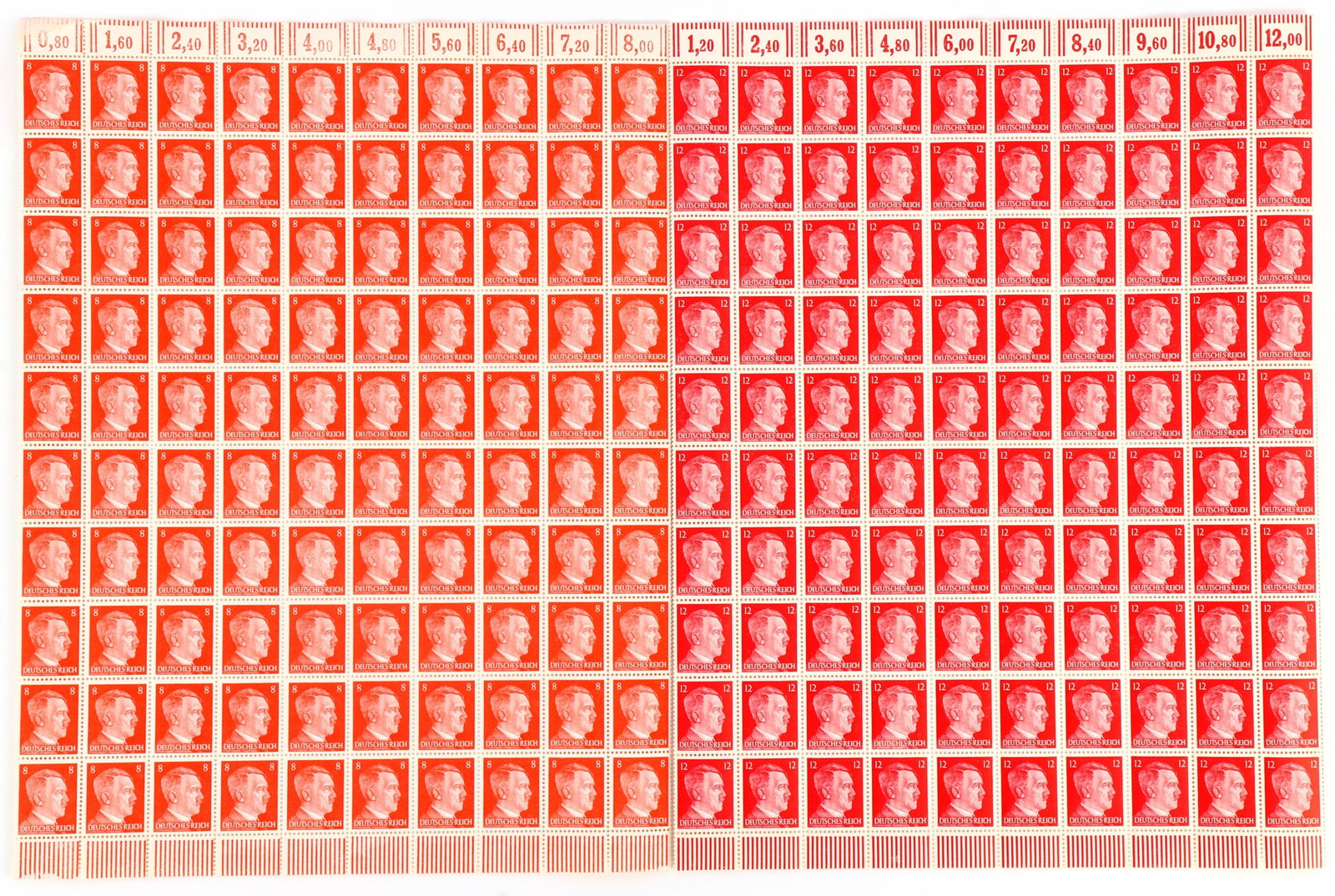 WWII GERMAN THIRD REICH ADOLF HITLER STAMPS: Eight and twelve pfennig stamps featuring the image of Adolf Hitler. Two hundred stamps in total over two sheets.