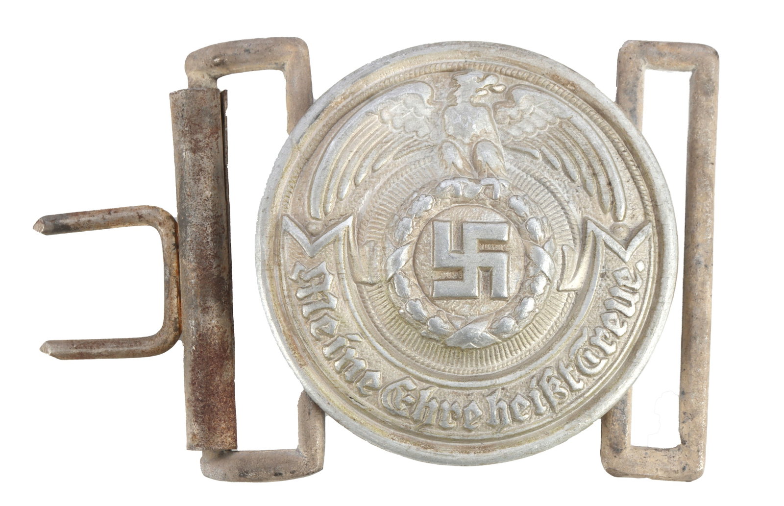 WWII GERMAN THIRD REICH SS OFFICERS BELT BUCKLE: A belt buckle for an officer of the German Third Reich's SS. Rounded latching buckle with "Meine Ehre Heisst Treue!" on the front and multiple maker stamps on the back.