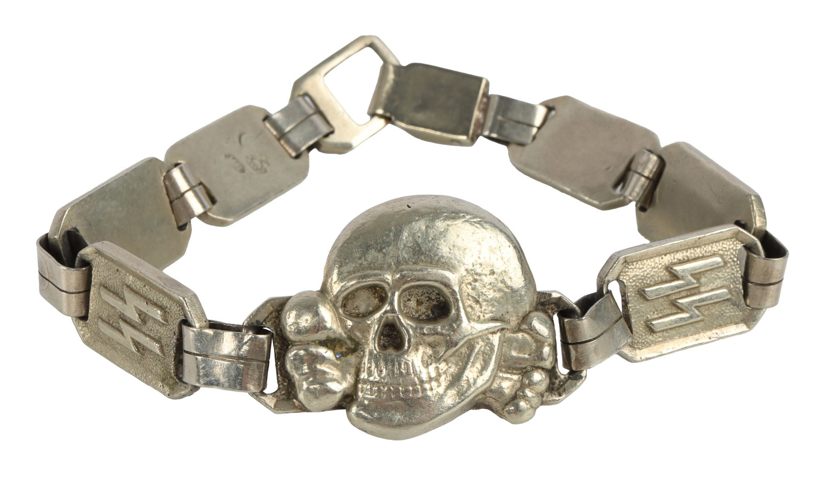 WWII GERMAN REICH SS DAGGER CHAIN BRACELET: Totenkopf in center alternating SS runes and totenkopfs in similar fashion to an SS dagger chain. It measures 9 inches. Not contemporary to the period.