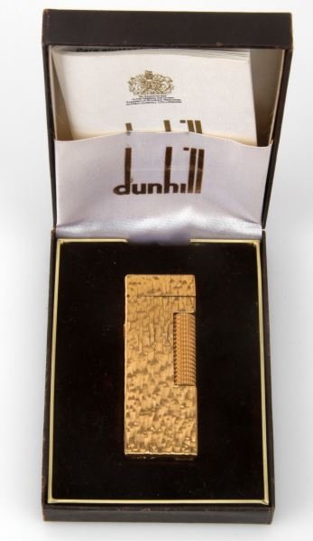 DUNHILL TREE BARK GOLD FILL ROLLER GAS LIGHTER: With original box and paperwork, gently used, Swiss made.