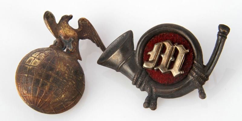 CIVIL WAR USMC KEPI CAP BADGE LOT OF 2 MARINE CORP: Two loop North-South reverse Eagle Globe Anchor, M on felt Kepi horn, each very good.