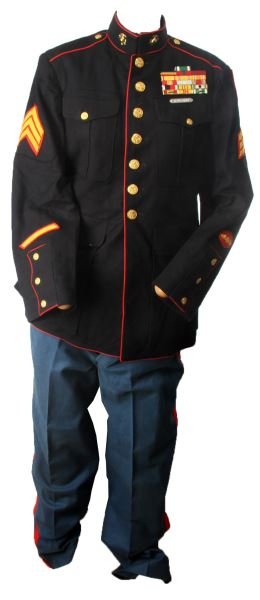 WWII USMC DRESS BLUE 3RD AMPHIBIOUS MARINE UNIFOR: With trousers and white belt, full dress blue uniform, SGT. Insignia, red felt 1ST assault patch border, Aviation Electrician Mate striker badge, 16 citations from WWII to Vietnam, free of mothing, al