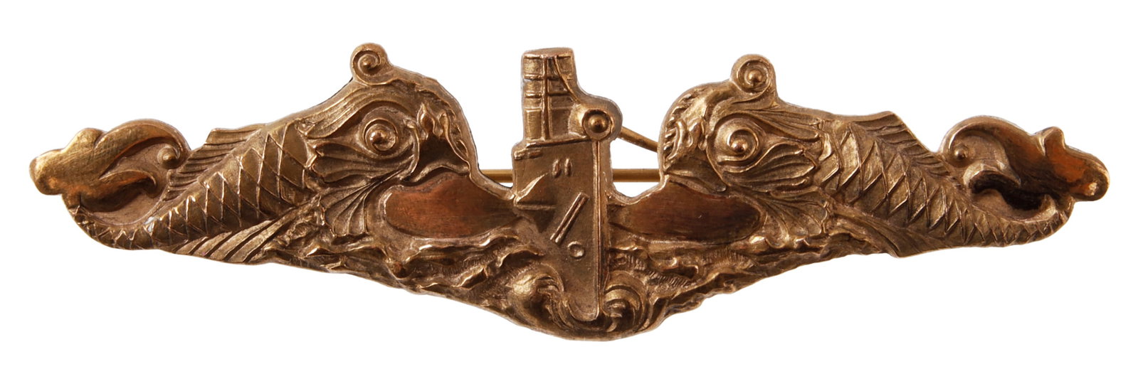 WWII US SUBMARINE DOLPHIN BADGE PASQUALE: A rather rare instance of a US sub dolphin badge by maker Pasquale. The back has been further customized to assist with attachment. This lot has a reserve.