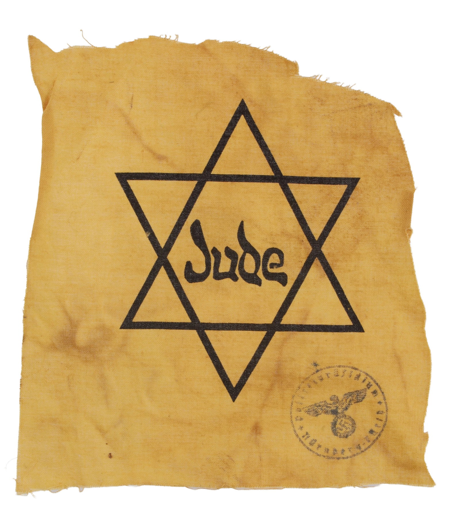 WWII GERMAN THIRD REICH JEWISH JUDE PATCH: Yellow cloth with black printed Star of David and Jude. It measures 6x5 3/8 inches. This lot has a reserve.