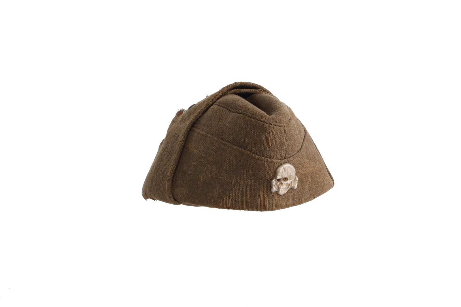 WWII GERMAN REICH LATVIAN SS OVERSEAS CAP: Wool construction with flaps. Silvered totenkopf pin at the front. Interior features diamond pattern stitching and a tag "Armijas ekonomiskais veikals Riga." It measures 11 1/4 inches. This lot has a 