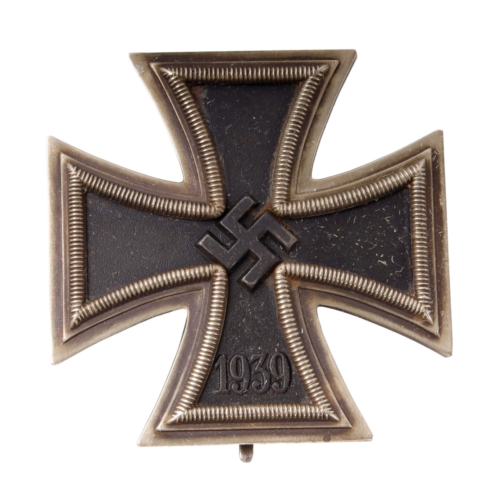 WWII GERMAN THIRD REICH IRON CROSS FIRST CLASS: A cased Iron Cross first class, early based on shape and size of case. Multi-piece construction. Clear visible seam, magnetic core, tests positive for silver content. L/11 maker mark for Wilhelm Deume