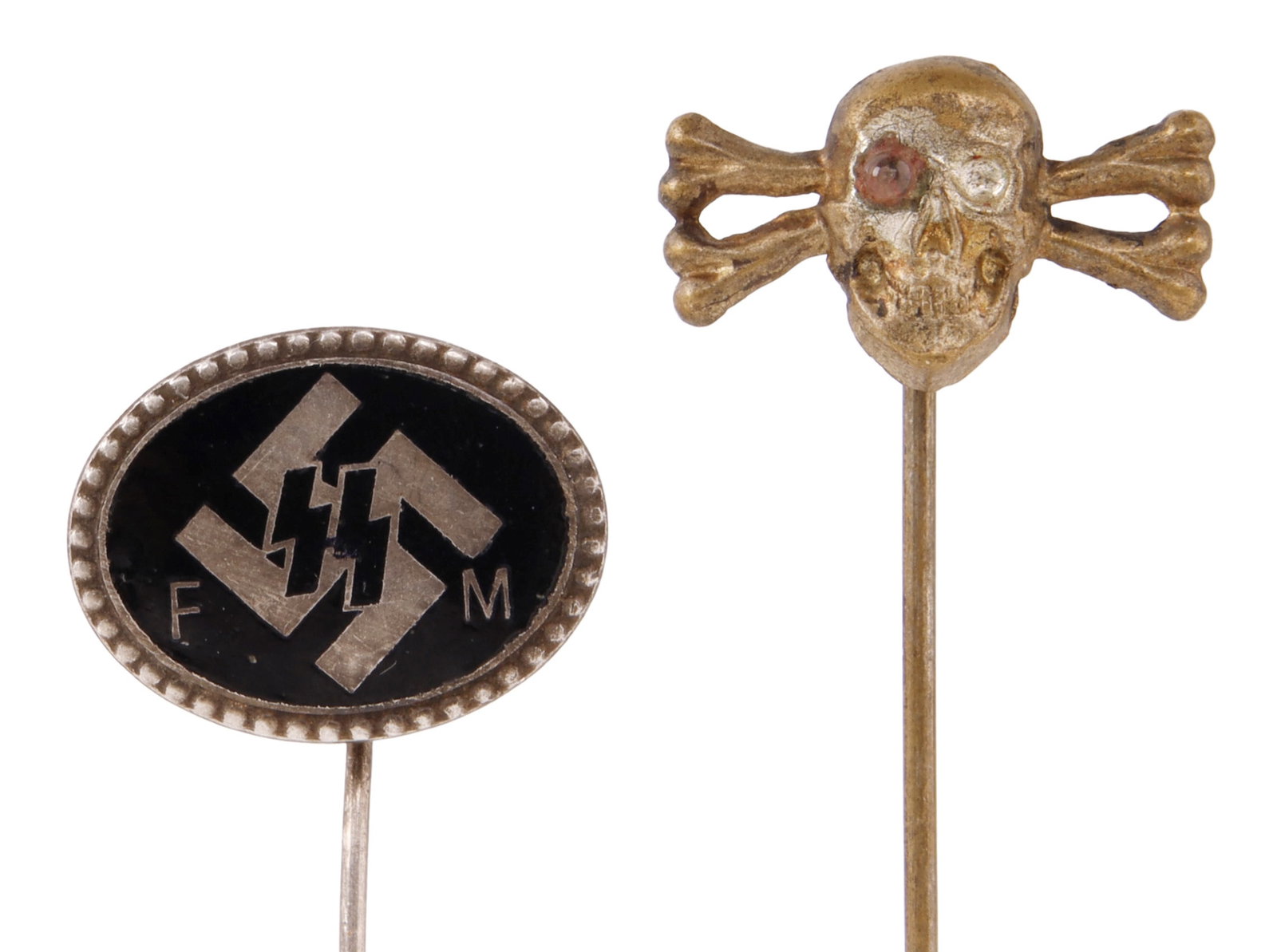 WWII GERMAN THIRD REICH SS STICK PINS LOT OF 2: A set of two (2) stick pins for the SS. 1) A supporters oval badge, with 84882 serial number. 2) An early fighter's skull. This lot has a reserve.