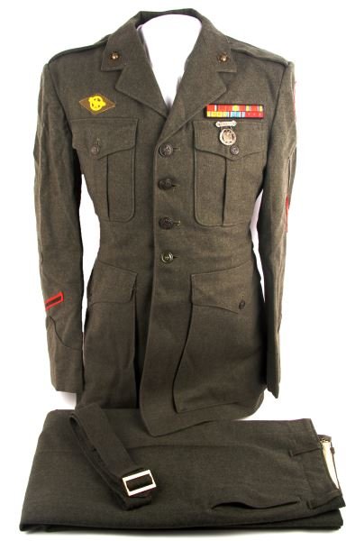 WWII USMC MARINE NAVY SEABEE UNIFORM 1ST ASSAULT: Marine USMC Tunic with EGA collar device and US Navy Seabee patch with red first assault border, machinist make 1st class rank insignia,campaign ribbons and expert marksman badge in sterling,with trou