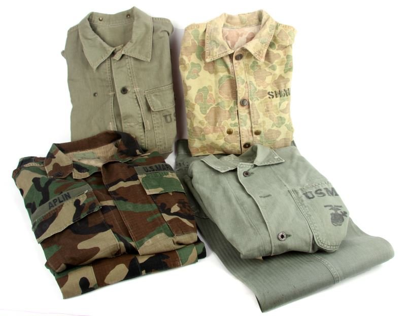 WWII TO VIETNAM HBT FROGSKIN CAMO RIP STOP UNIFORM: Collection consisting of WWII frog skin camo, named with replacement buttons and battlefield button hole repair, WWII herring bone twill USMC buttons stenciled EGA one pocket non closure front first p