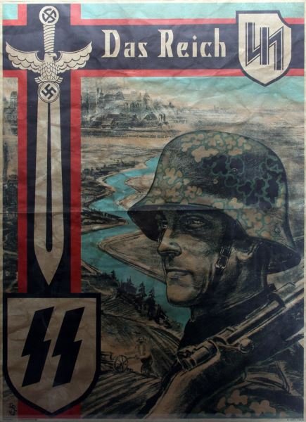 GERMAN WWII PROPAGANDA SS POSTER DAS REICH: Original Nazi propaganda poster shows a helmeted soldier wearing SS camouflage that is holding his Mauser K-98 rifle . Poster measures approximately 24 by 34 inches, 34 by 43 inches framed. Poster was