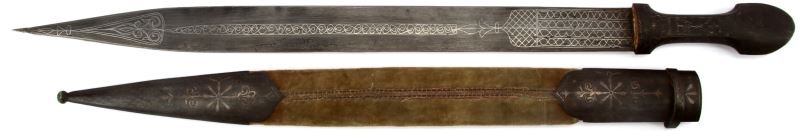 ARABIAN SHORT SWORD DAGGER: Short sword measures approximately 24 inches in length and has a an inscription design along the length of the blade. Scabbard and blade have some oxidation; overall in very good condition. This lot h