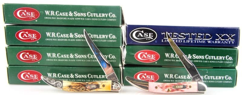 COLLECTION OF SEVEN DESIREABLE CASE KNIVES NIB: Case Toothpick Raspberry 610096 SS; Splitback Whitler Antique 6383WH SS; Congress Test Blue 64052 SS; Peanut Oak Pakka 7220 SS; Tiny Toothpick Burnt 510096 SS; Tiny Toothpick Stag 510096 SS; Tiny Toot