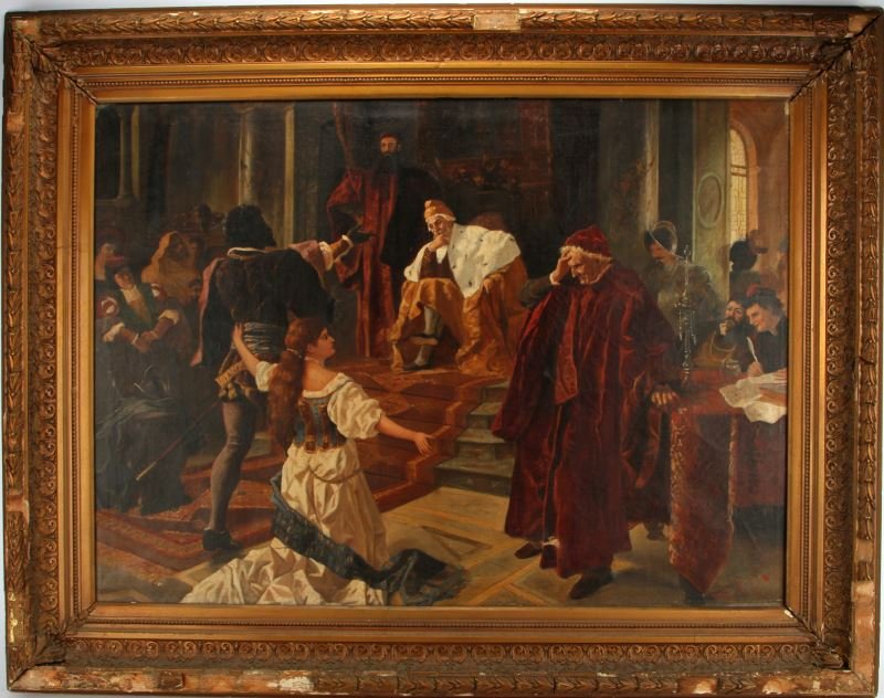 W. REICHERT 19TH CENTURY OIL PAINTING OTHELLO: W[ilhelm]. Reichert 19th century theatre oil on canvas painting of William Shakespeare’s Othello. Noted theatre painter and brother of animalist artist Carl Reichert depicts the scene from Othello i