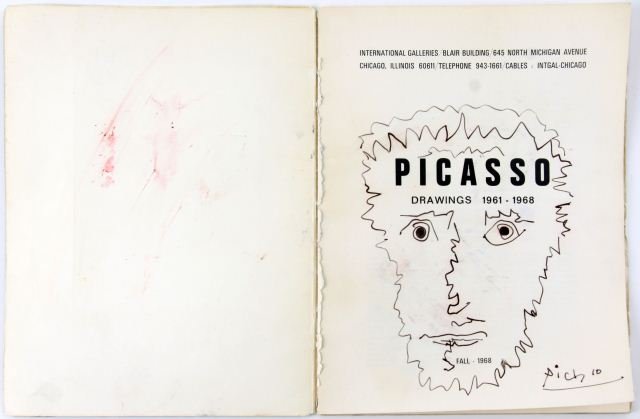 PICASSO ORIGINAL DRAWING ON EXH CATALOG WITH COA: Signed original ink drawing by Pablo Picasso (1881-1973) on the title page of an exhibition catalog "Picasso: Drawings, 1961-1968" (1968) Includes Certificate of Attribution from Alan Goldberg Authent