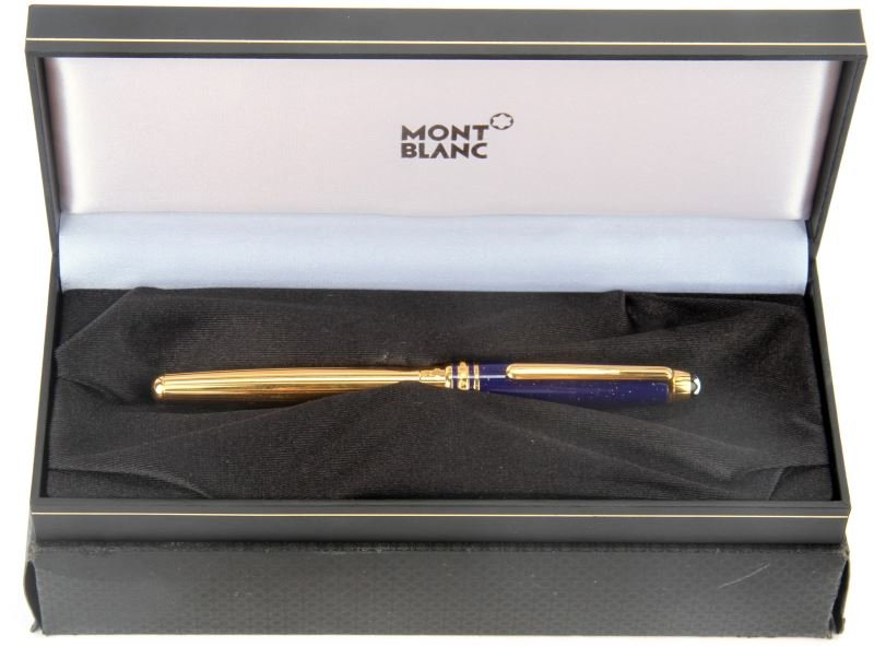 MONTBLANC RAMSES II LAPIS ROLLER BALL PEN: One Montblanc Ramses II Design Lapis Lazuli cap with gold body roller ball pen, marked .925 on the body. Comes with original case.