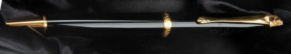 MONTBLANC LIMITED EDITION VOLTAIRE BALLPOINT PEN: 1995 Montblanc limited edition ballpoint pen, handcrafted lustrous finish of black resin with the engraved fittings of vermeil (gold-plated silver) tribute to Voltaire. Model # 28621 in original case 