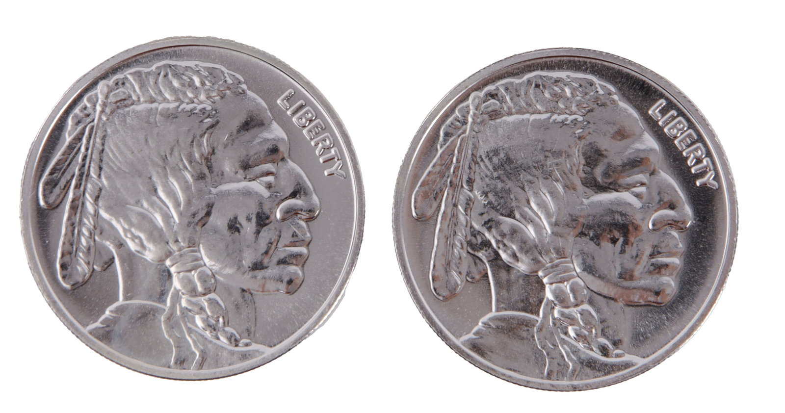 Two 1 Troy Ounce.999 Silver Indian Head Rounds: .999 fine silver rounds with Indian head design. This lot has a reserve.