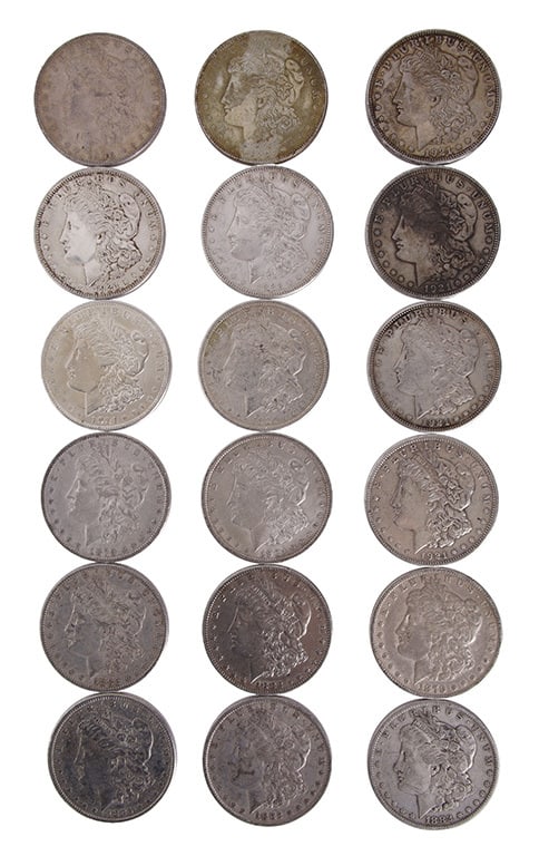 US Morgan Silver Dollar Roll of 18: Dates include 1879, 1882, 1885, 1896, 1921 This lot has a reserve.