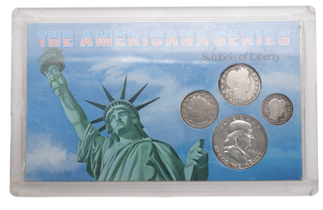 Classic US Coin Franklin Barber Set: A set of four classic American coins, three of them in 90% silver. A Barber quarter, a barber dime, the liberty head V nickel, and a Franklin half. This lot has a reserve.