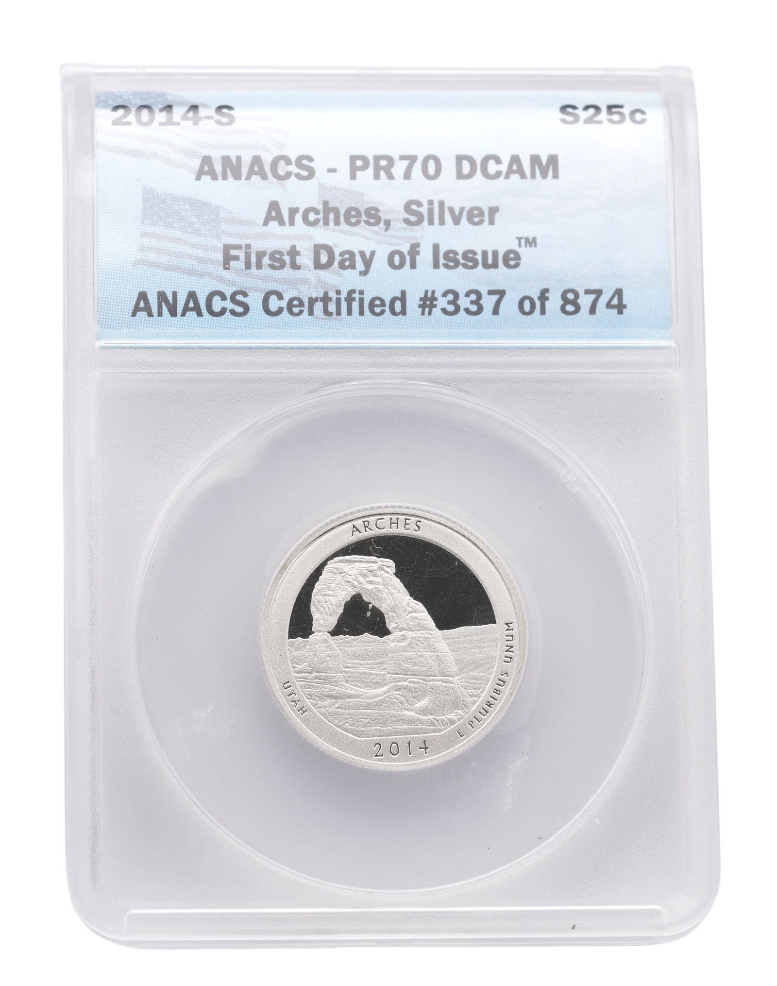 2014 US 25C Silver Quarter Coin PR70: 2014 Silver quarter. Arches reverse.