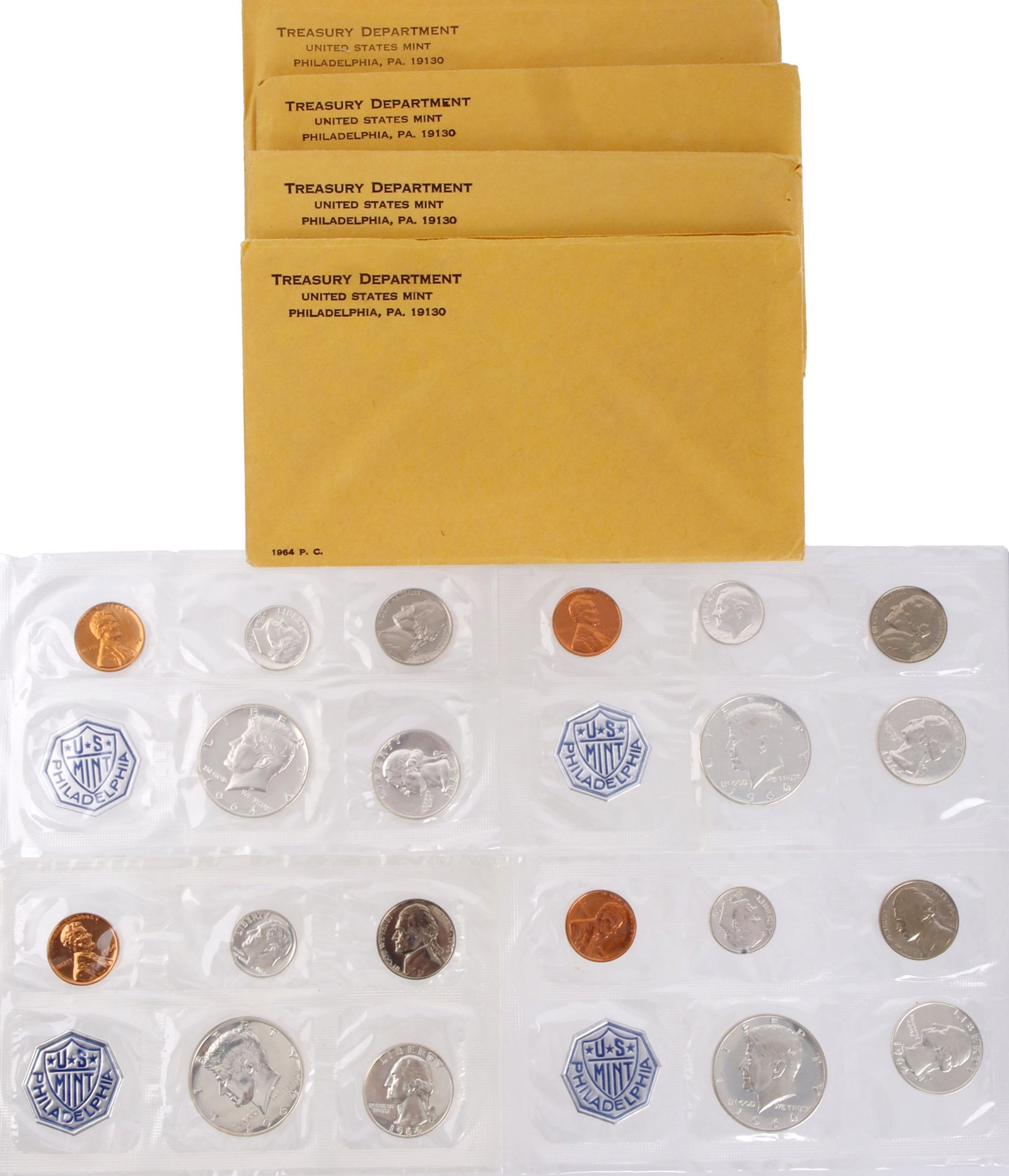 1964 US Mint 90% Silver Proof Set Coins Lot of 4: Lot of 4 1964 mint proof sets. Philadelphia mint. Comes with Treasury Department envelope.
