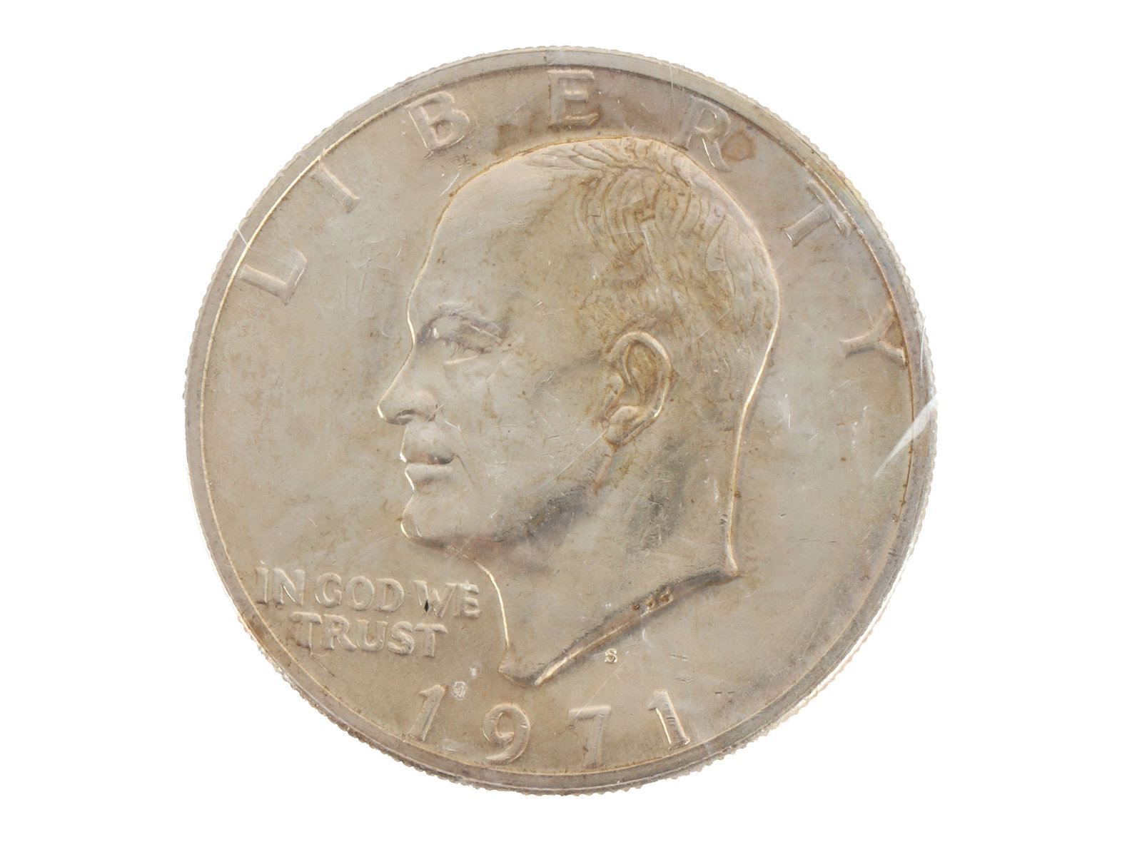 1971 40% Silver Eisenhower Dollar: A 1971 Eisenhower 40% silver dollar. S mark. This lot has a reserve.