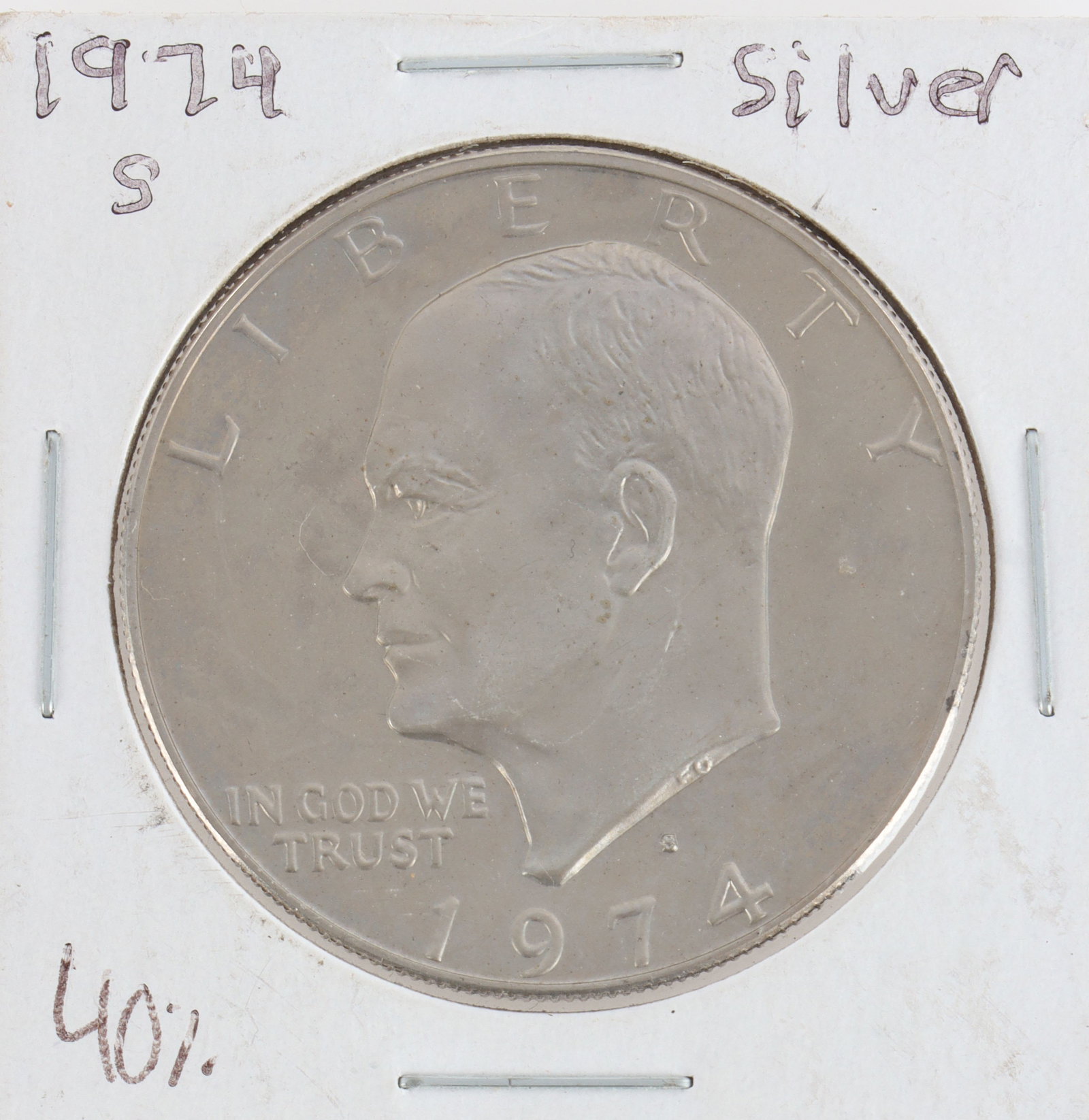 1974 40% Silver Eisenhower Dollar: A 1974 Eisenhower 40% silver dollar. S mark. This lot has a reserve.