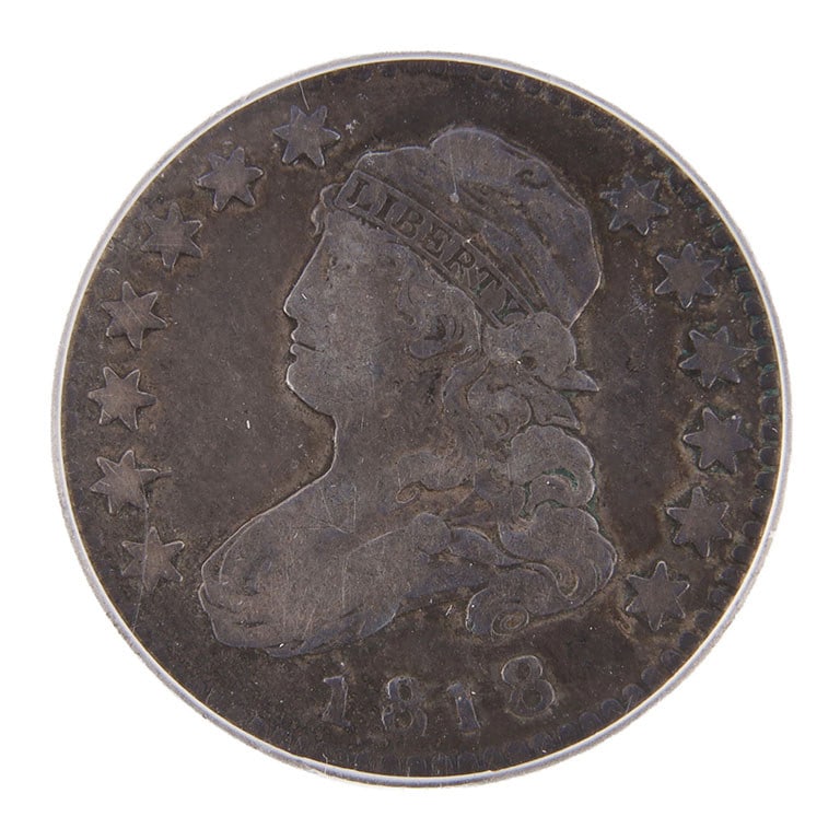 1818 25C Capped Bust ICG Graded VF20: US 1818 25 cent Capped Bust Quarter. ICG graded and encapsulated.