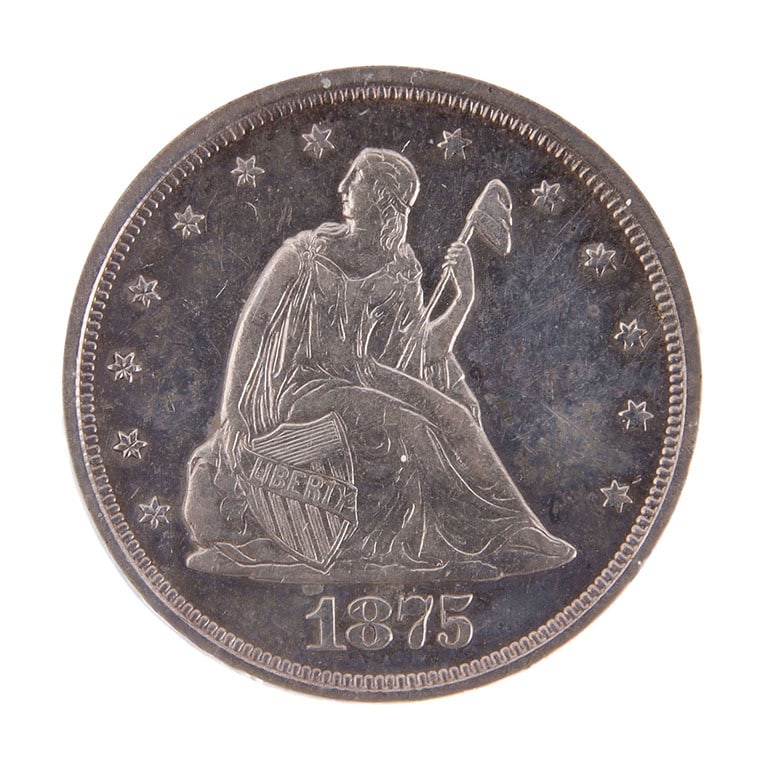 1875-S 20C Seated Liberty 20 Cent ICG AU53 Coin: US 1875-S Seated Liberty 20 cent 90% silver coin. ICG graded and encapsulated.