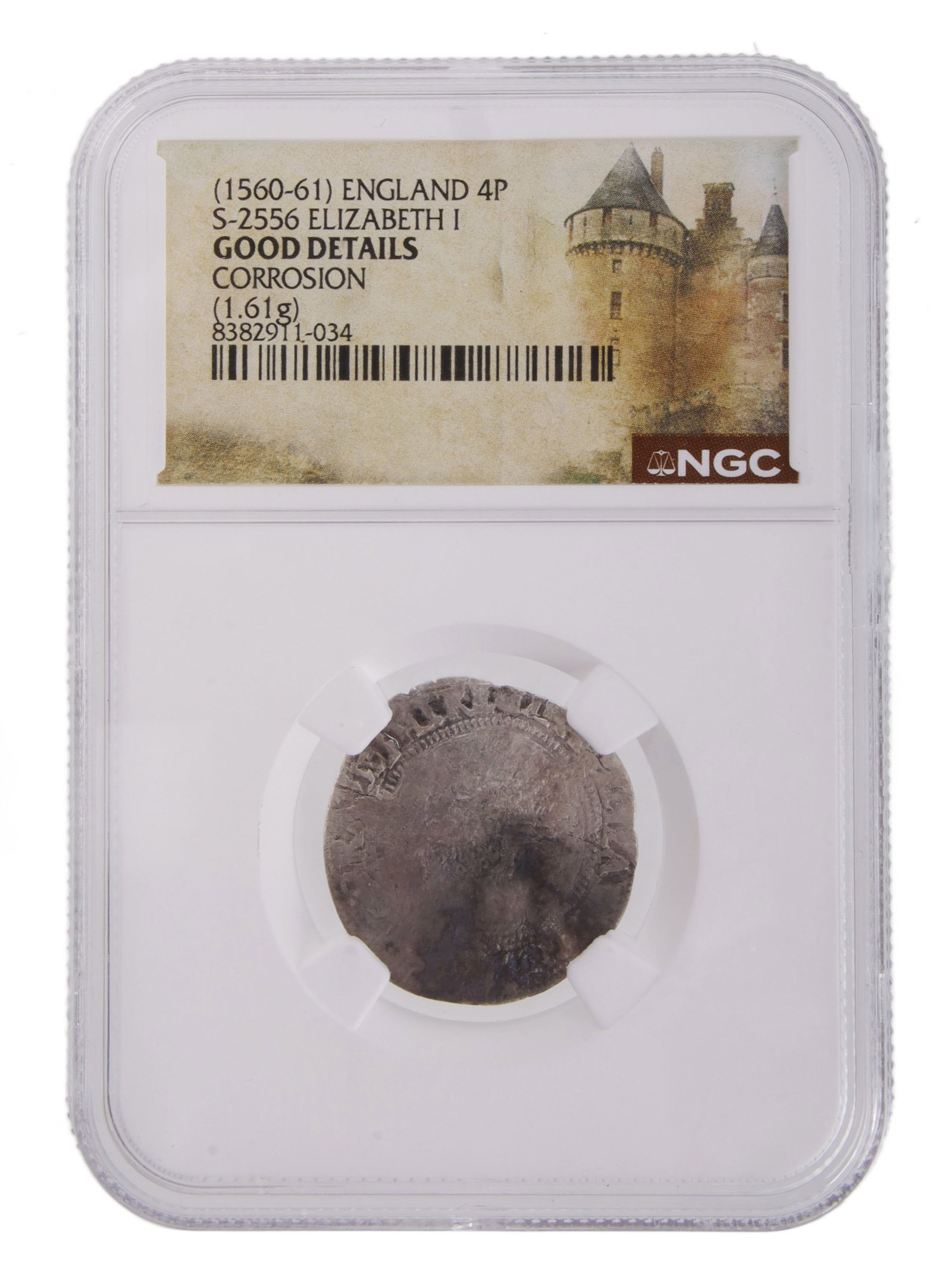 4 Pence English Coin Elizabeth I NGC Good Detail: 4 pence coin from Elizabethan England. Good details with corrosion. NGC #8382911-034.