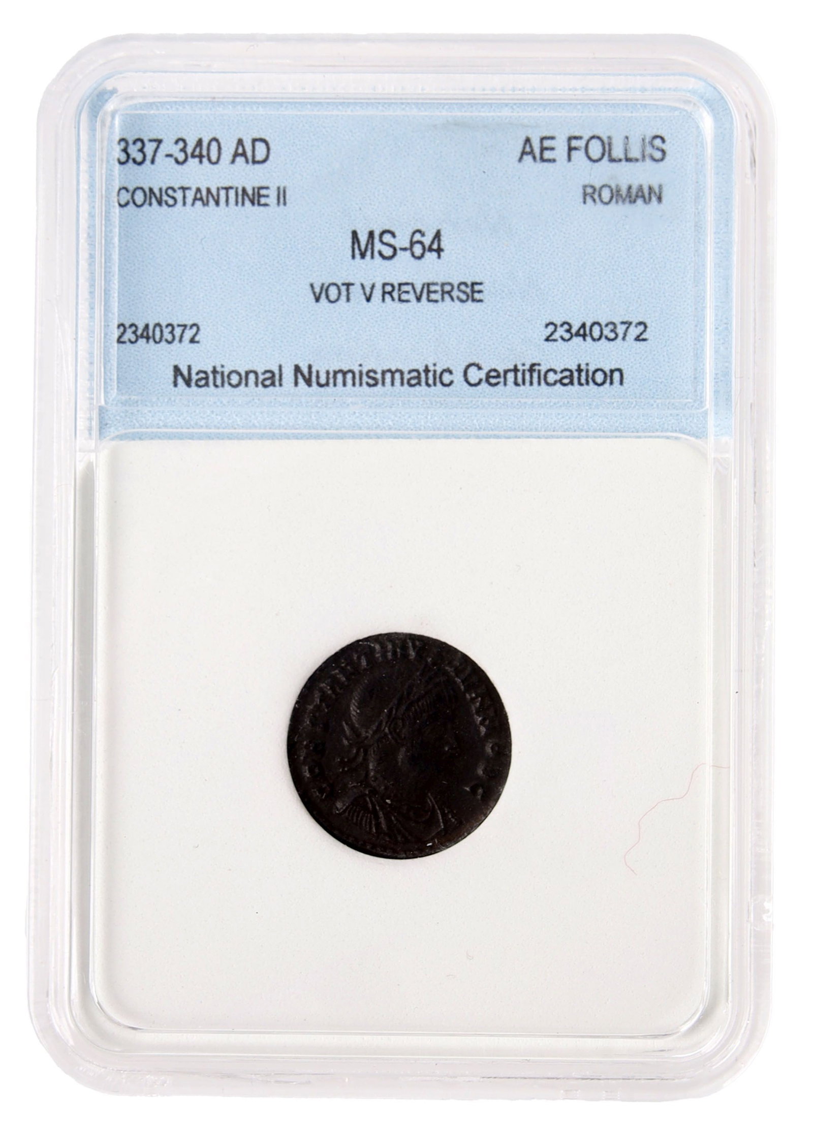 AE Follis from Constantine II MS-64 Ancient Roman: National Numismatic certification #2341270.