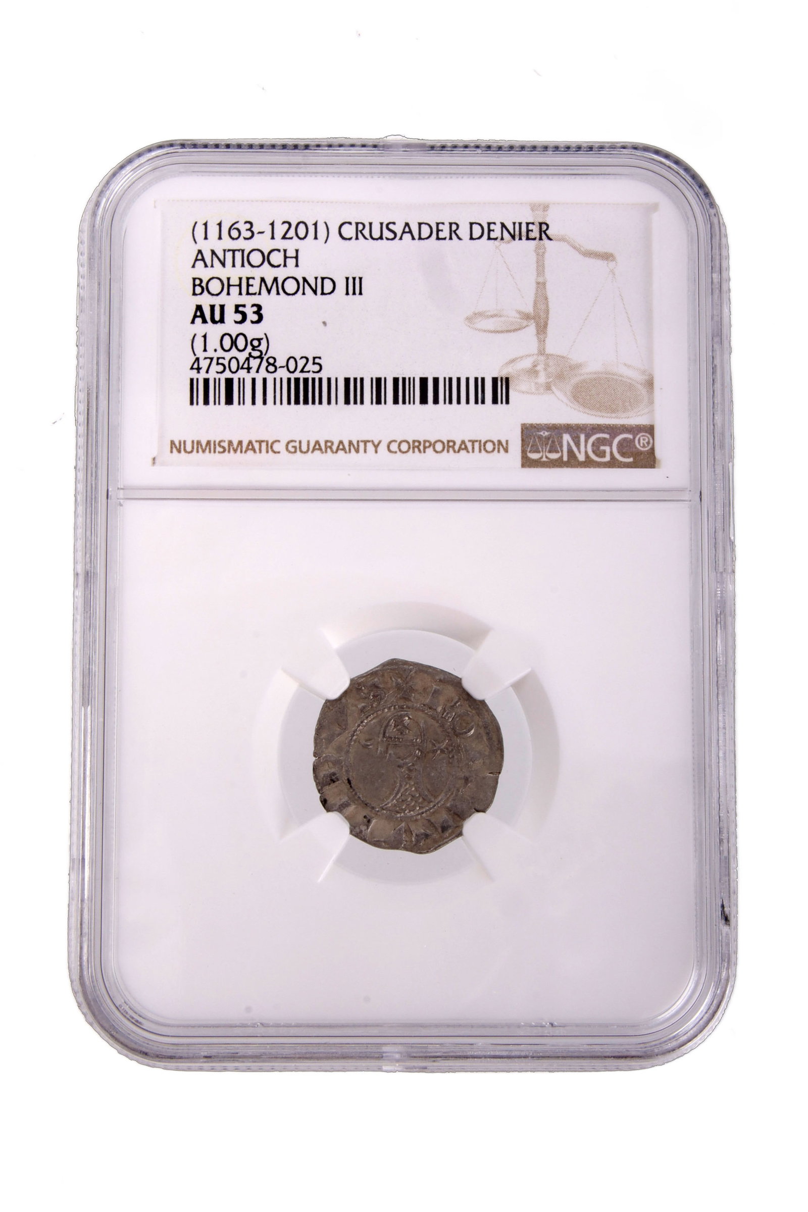 Crusader Denier AD 1163-1201 Bohemond III AU 53: NGC 4750478-025. (1163-1201) Crusader Antioch Bohemond III, Majority Denier. Grade AU 53. Pedigree 1.00g.