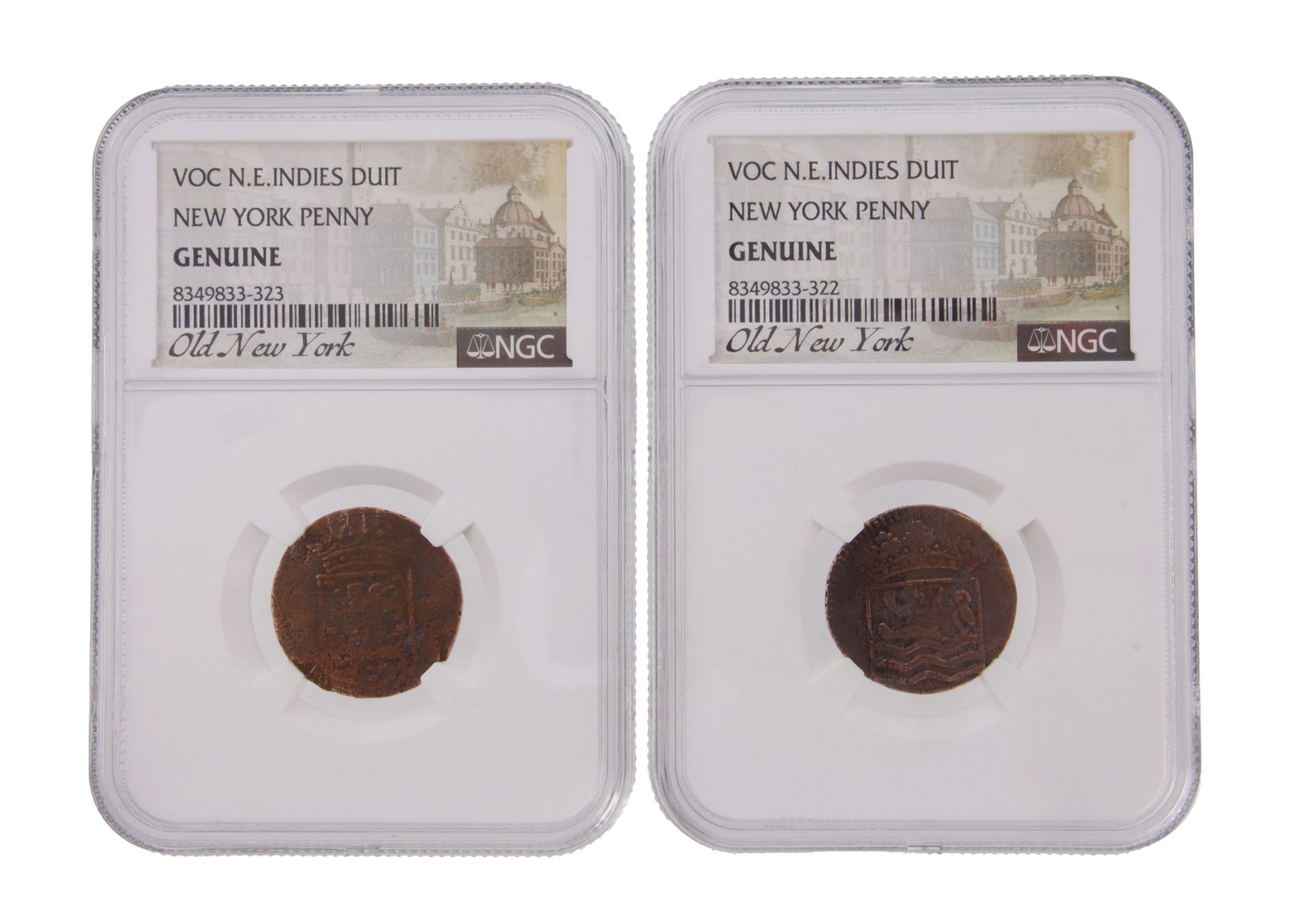 Pair of NGC Genuine VOC New York Penny Duits: NGC 8349833-323 & NGC 8349833-322. Dated 1734 and 1744. NGC Details Old New York.