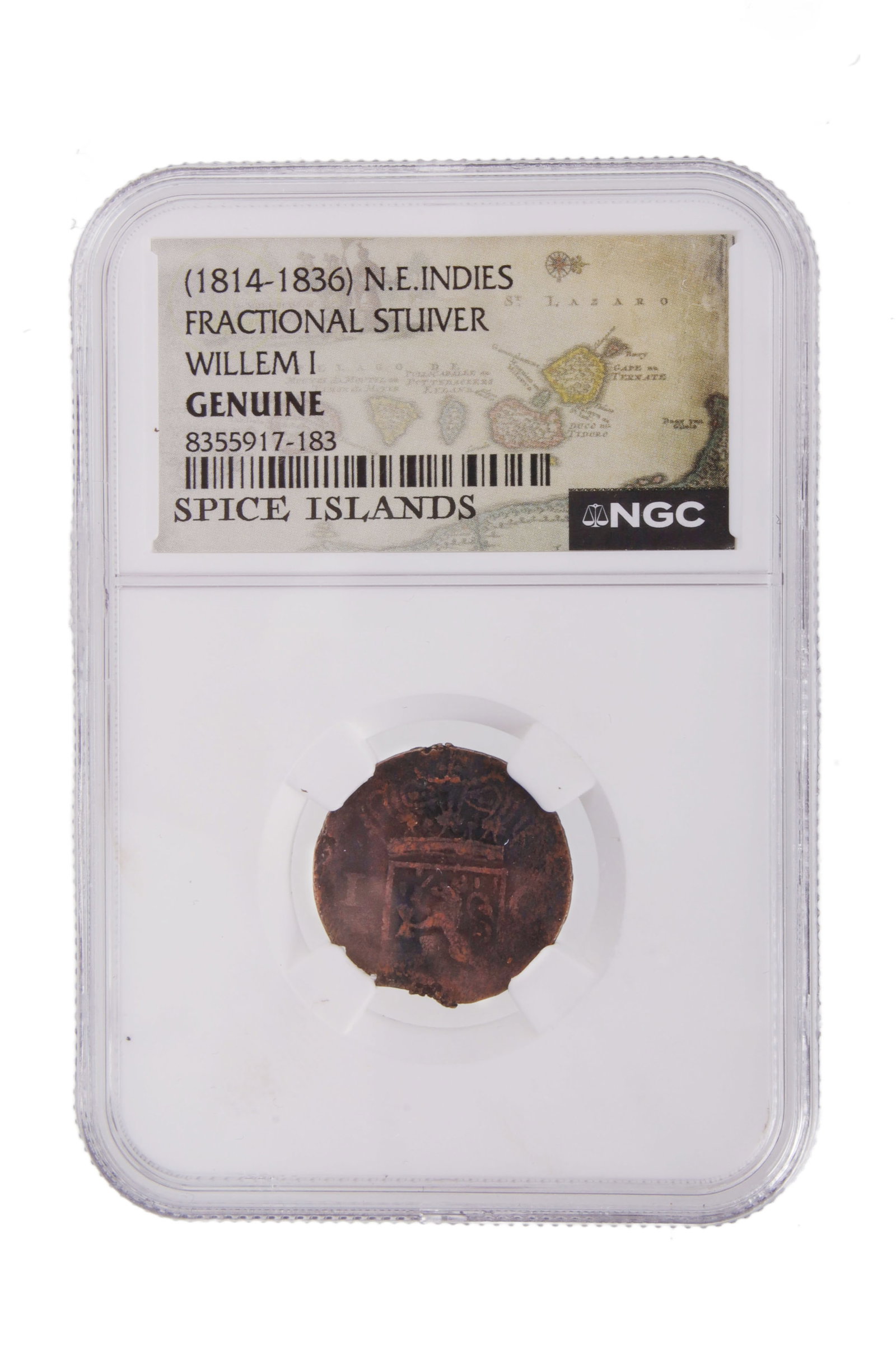Spice Islands Shipwreck Fractional Stuiver: A Spice Islands shipwreck stuiver. 1814-1836. NGC #835555917-183.
