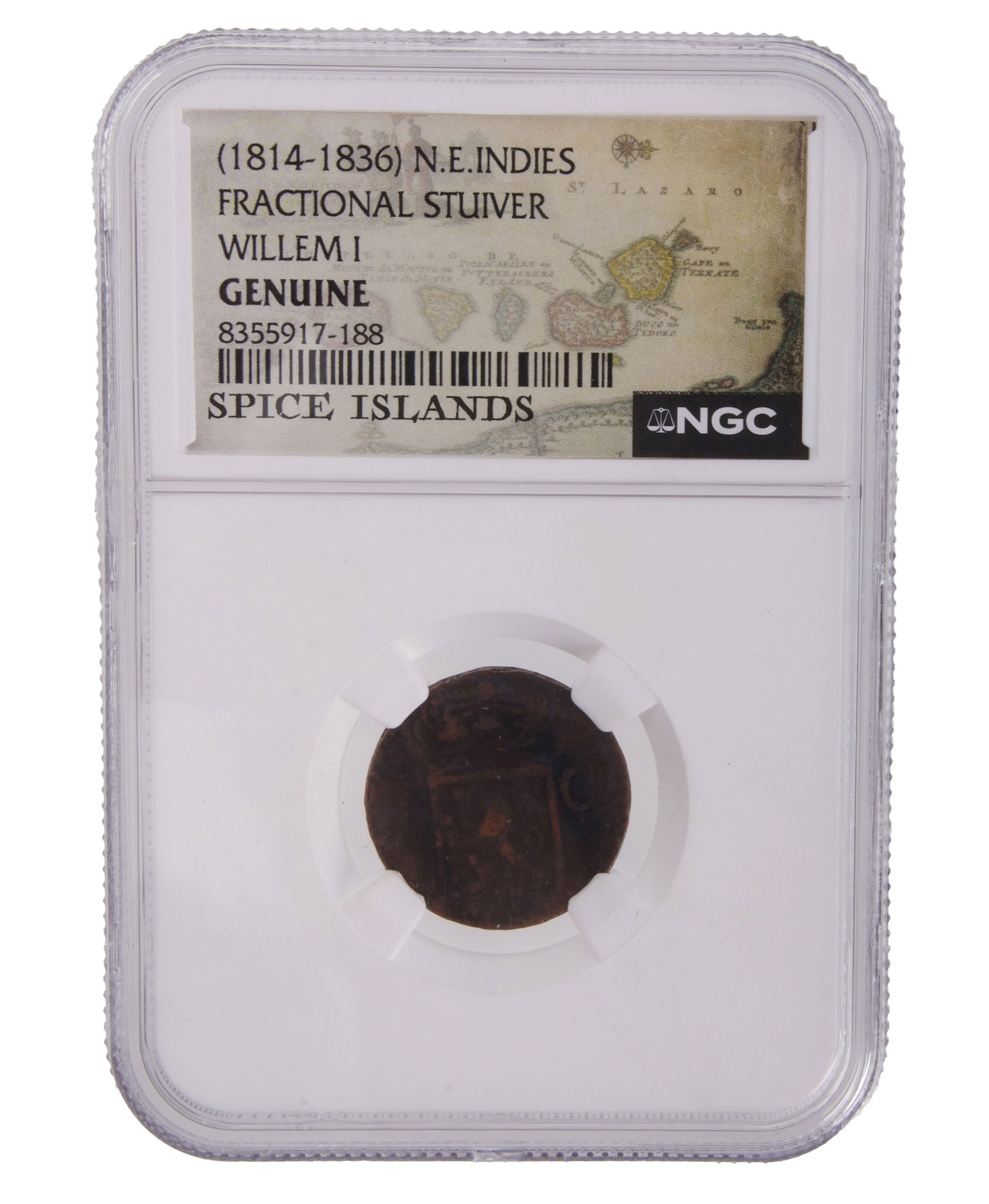 Spice Islands Shipwreck Fractional Stuiver: A Spice Islands shipwreck stuiver. 1814-1836. NGC #8355917-160.