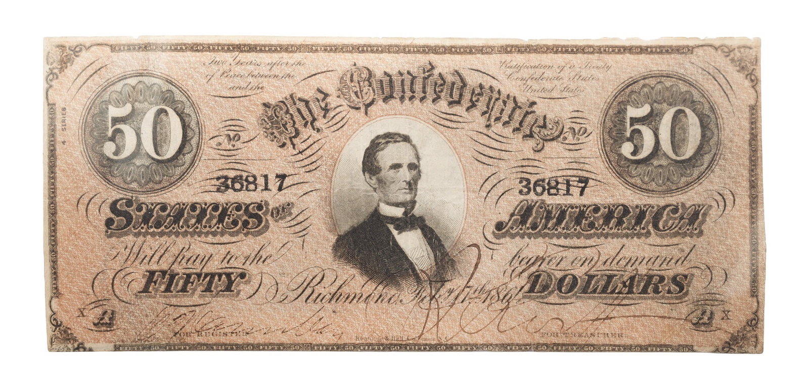 $50 Confederate Note from Richmond VA: Serial number 36817, signed below. Dated February 17th 1861