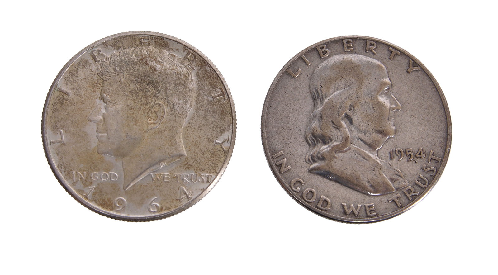 1954 Franklin 1964 Kennedy 190% Silver Halves: Two 90% silver half dollars. Mixed date, mixed design. This lot has a reserve.