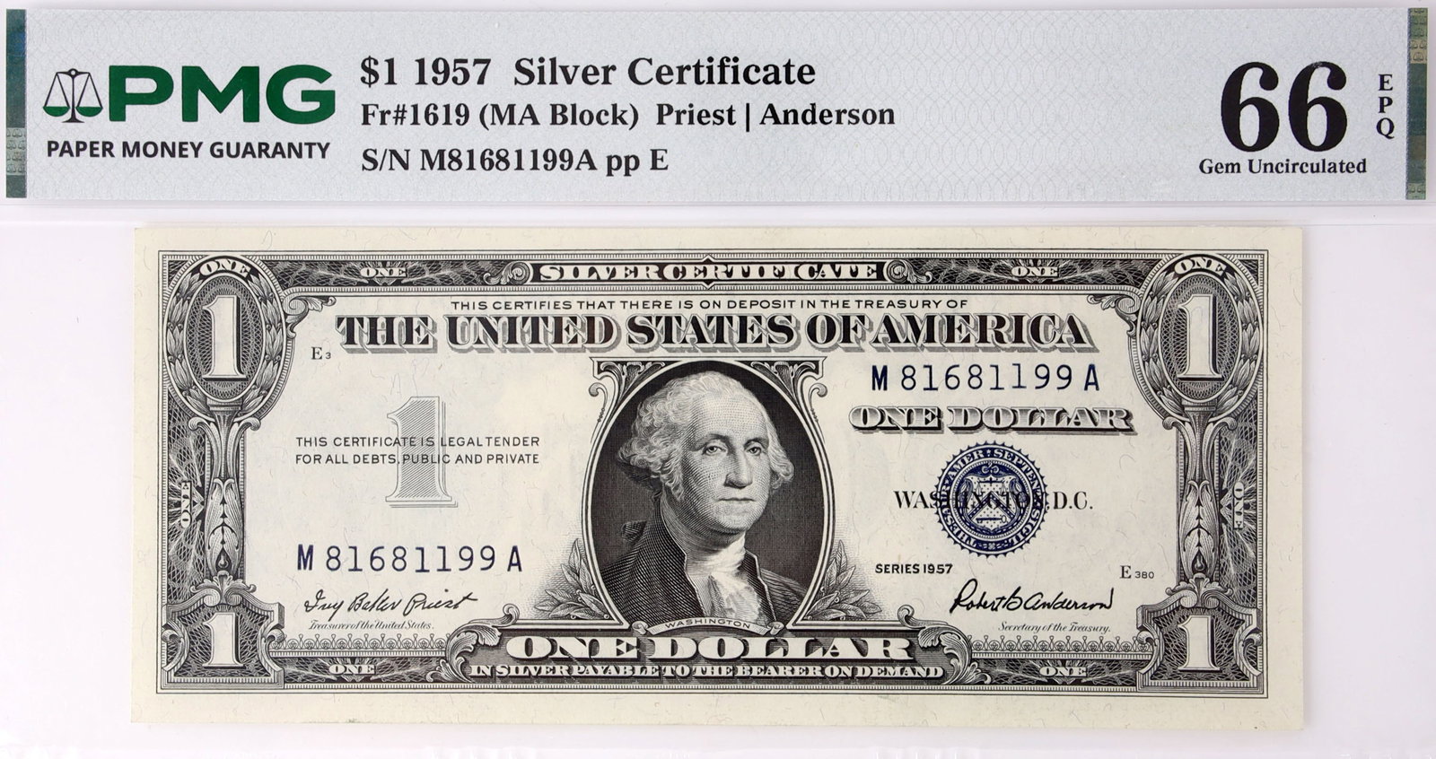 1957 Silver Cert US $1 Bill PMG 66 Exceptional: PMG certification #2423276-012. Serial #M81681199A1957. Blue seal. Priest/Anderson.