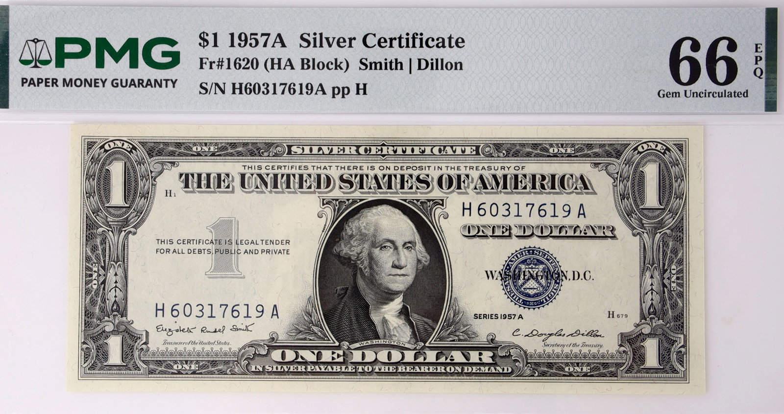 1957A Silver Cert US $1 Bill PMG 66 Exceptional: PMG certification #2455182-006. Serial #H60317619A. 1957. Blue seal. Smith/Dillon.
