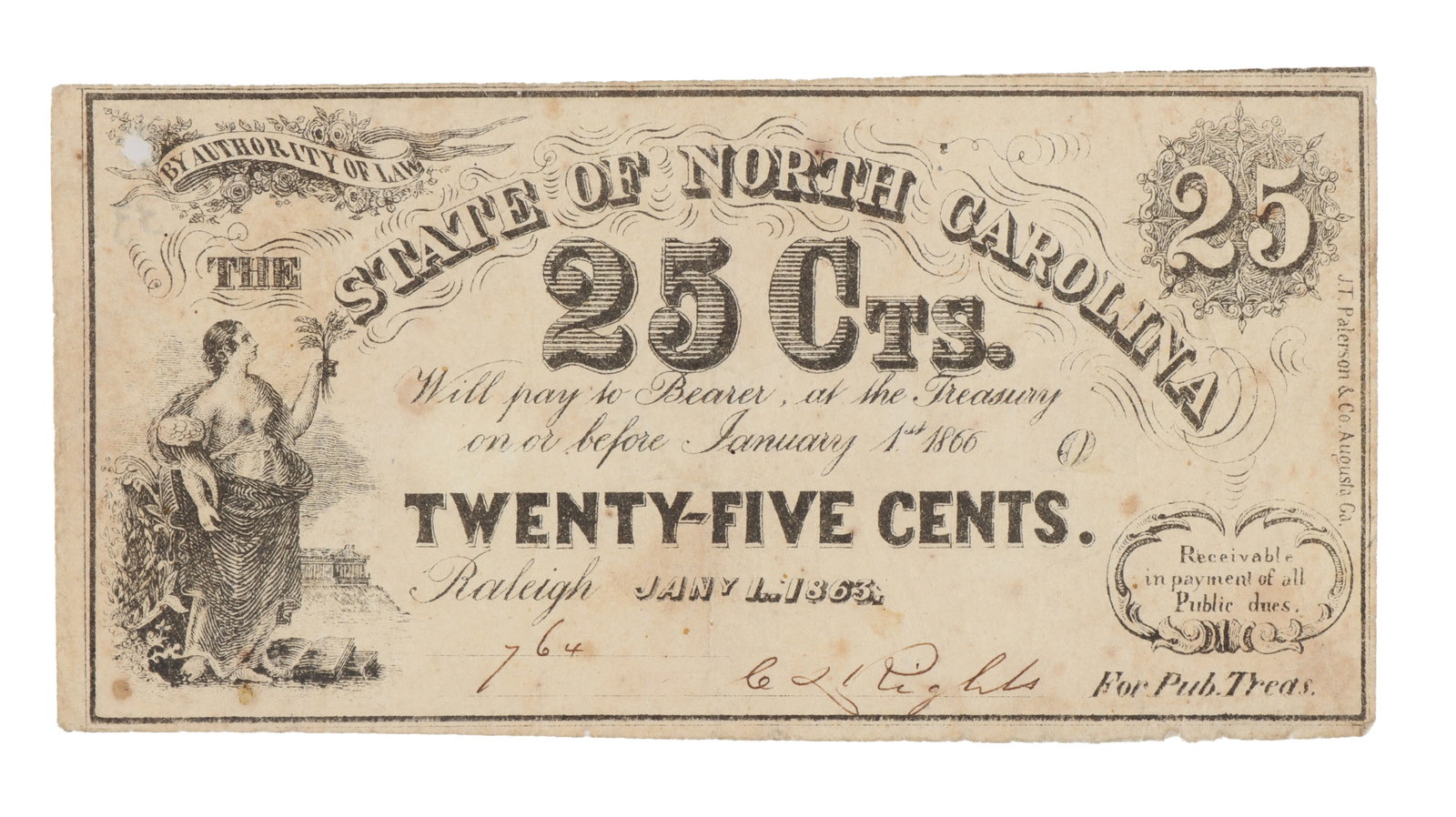 25 Cent Confederate Fractional Note North Carolina: A Confederate fractional 25 cent note issues by the state of North Carolina.