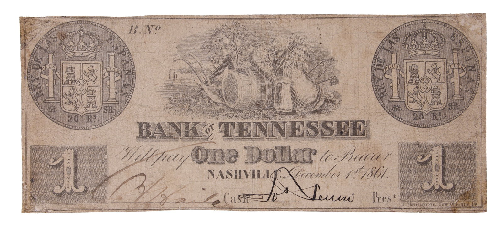 Bank of Tennessee One Dollar Nashville Civil War: Bank of Tennessee, Nashville issued one dollar at start of Civil War. Double signed with ferrous ink. Two Spanish twenty reales on corners note to indicate parity with silver.