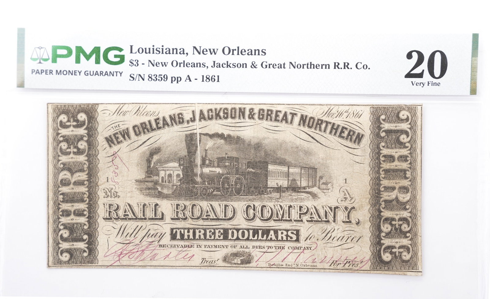Graded 3 Dollar New Orleans Rail Road Co. Note: Louisiana, New Orleans $3 - New Orleans, Jackson & Great Northern R.R. Co. S/N 859 pp A - 1861