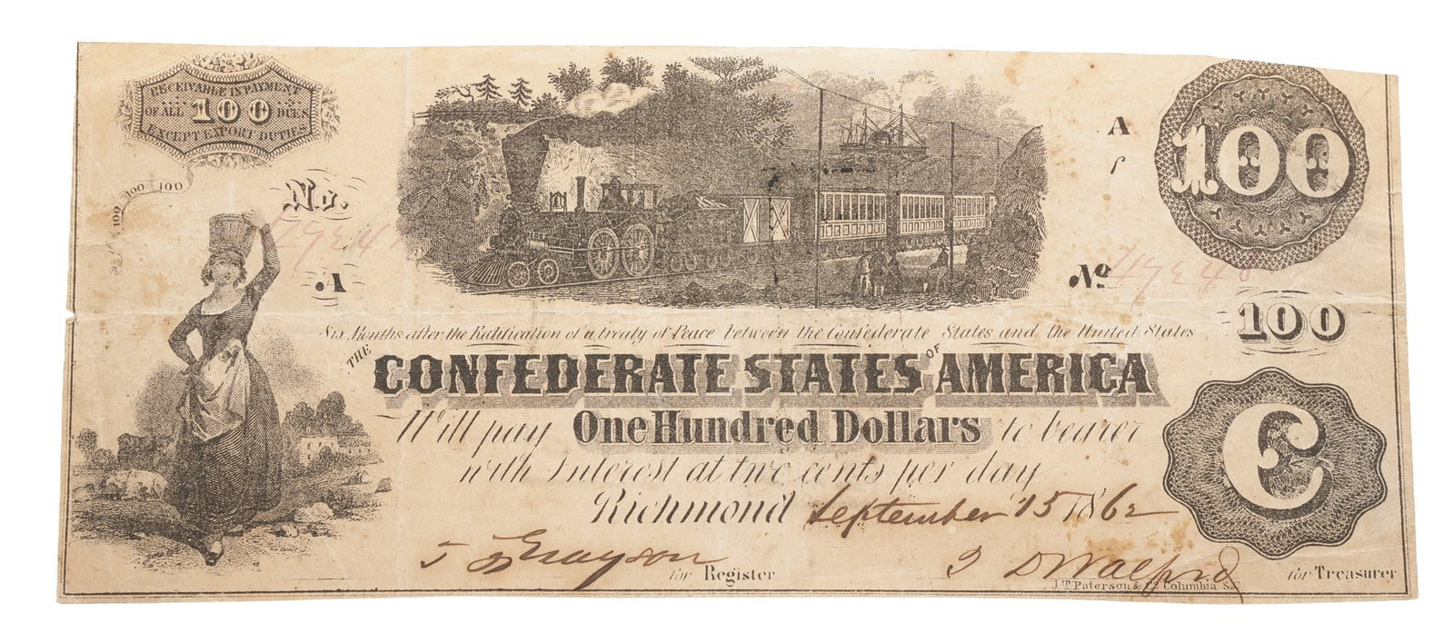 Richmond Confederate States of America $100: Serial number 7934. Signed below. Dated September 15, 1862