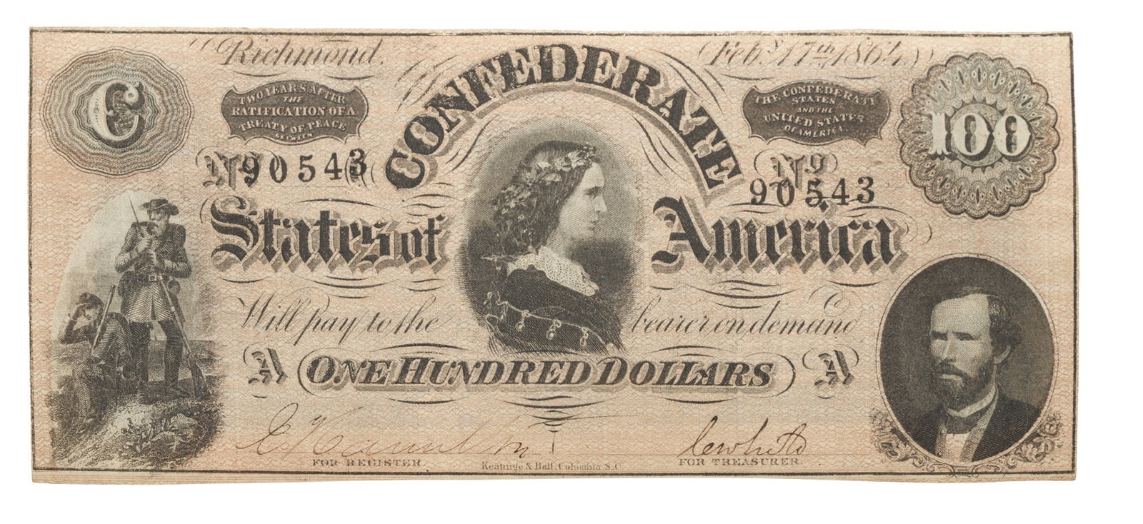 Richmond Confederate States of America $100: Serial number 90543 Signed below. Dated Feb 17th 1864