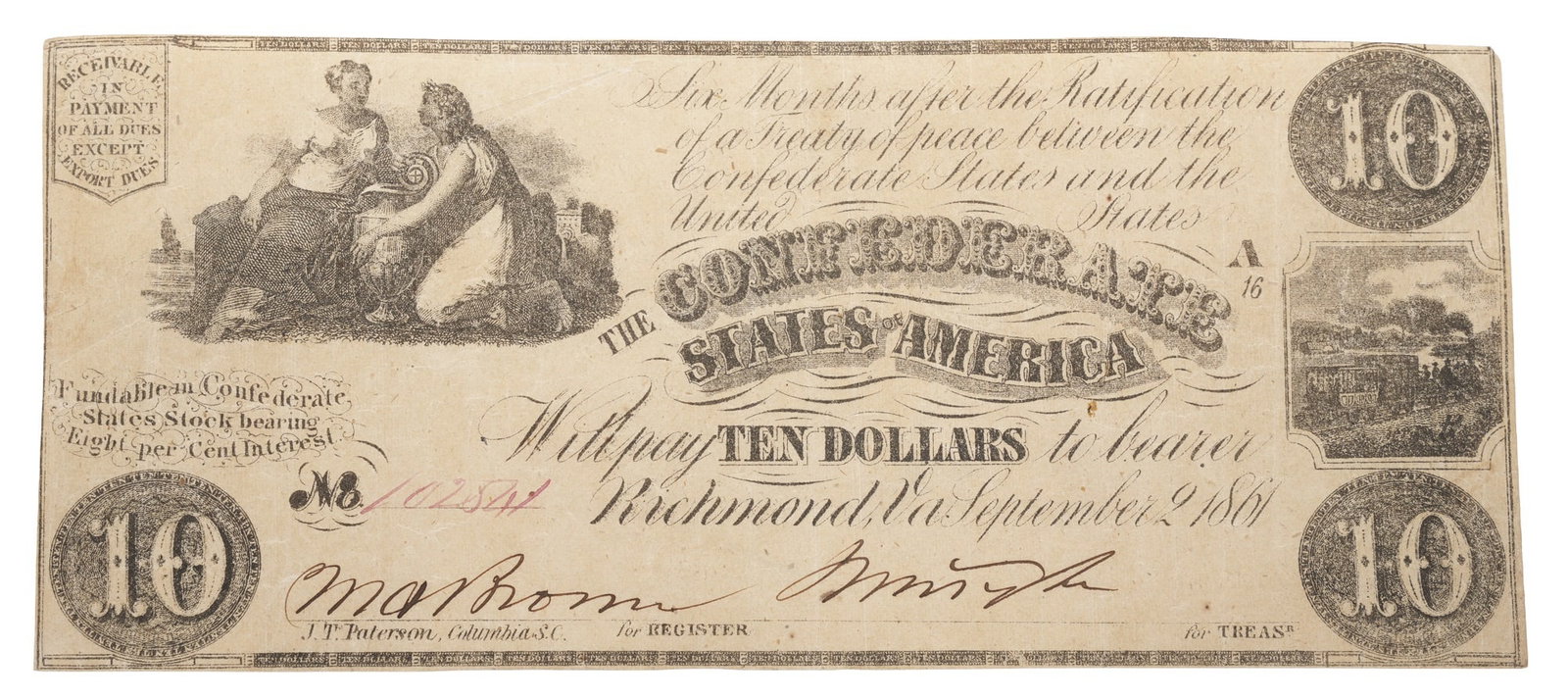 Richmond VA 1861 Ten Dollar Confederate Note (1 of 2)