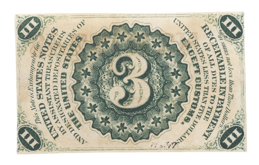 US 3 Cent Fractional Currency Note: Three cent third issue fractional currency.