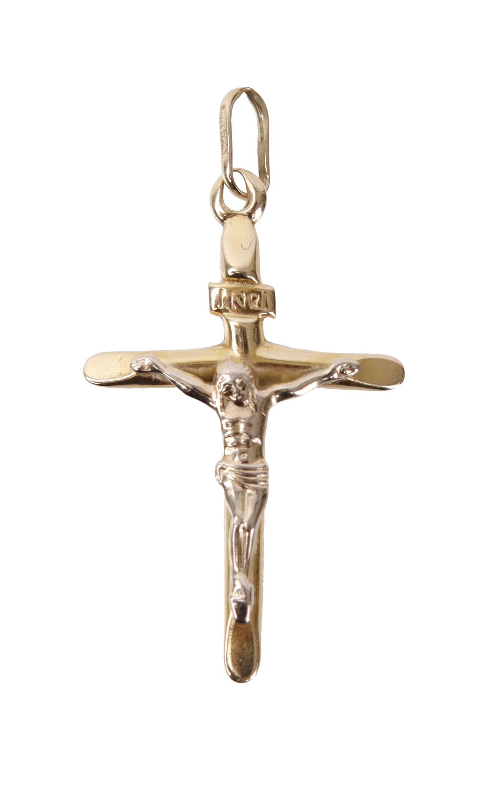 Crucifix Cross Pendant 14K Yellow Gold: Stamped "14K" on reverse. Pendant measures 1.5 inches in length. Hollow design for light wear and minimal strain on chain. This lot has a reserve.