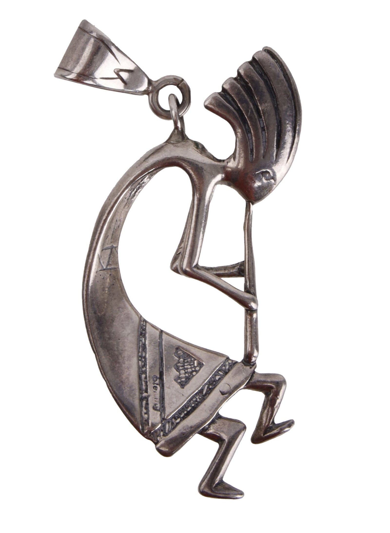 Kokopelli Pendant .925 Silver Native American Southwest: A pendant depicting Kokopelli, the iconic flute dancer of some Southwest Native American tribes. 3.25 inches. This lot has a reserve.