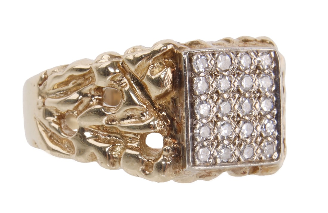 Men's 14K Gold Ring with Diamonds & Nugget Design: Size 11. Twenty diamonds, all test as earth-mined. Nice nugget pattern on shank. This lot has a reserve.